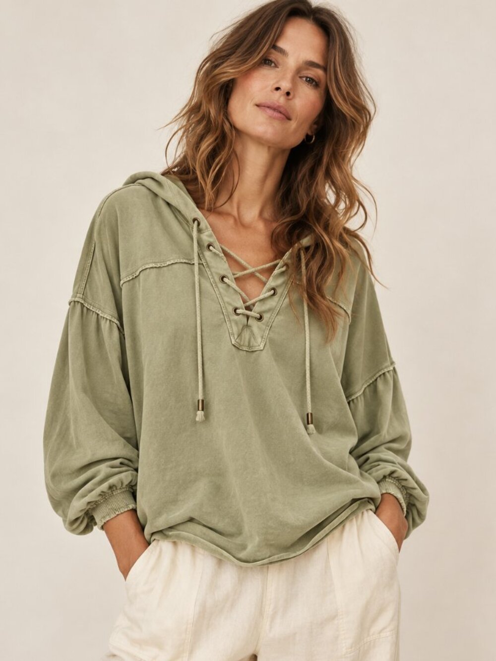 Aerie Olive Green Lace Up Hooded Pullover Distressed Oversized Boho Top Size M